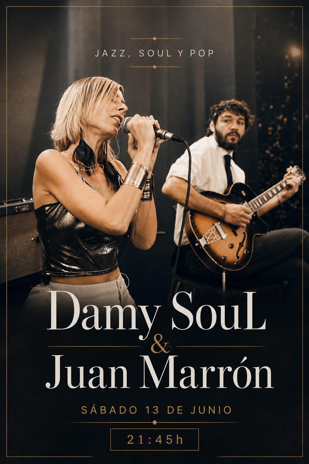 Cartel del evento musical Noche de Jazz, Soul & Pop con Damy Soul & Juan Marrón en el asador La Costa Navarra, Madrid